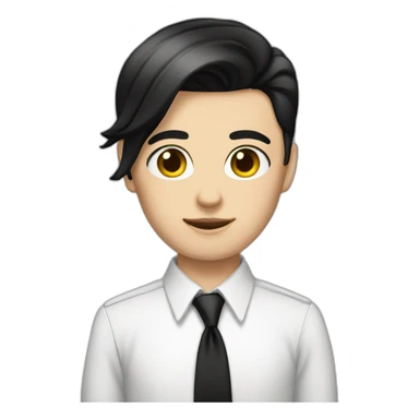 androgynous white boy bangs black straight hair white shirt black tie sticker