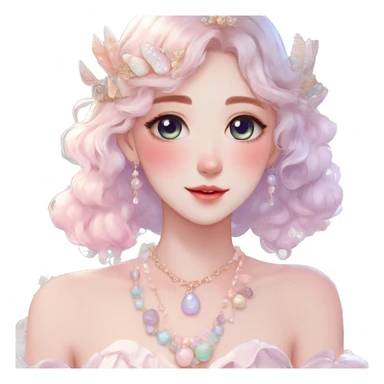 Gorgeous pastel anime style lady with blushing face and seashell-tiara dress necklace cottagecore fairycore pastelcore colorful pearly romantic simplistic aesthetic trending style sticker