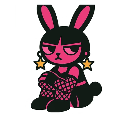 gothic bunny with black and pink colors, fishnet gloves, star-shaped earrings, vibrant toon style sticker