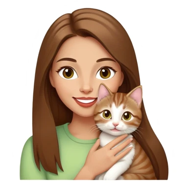 White Woman with VERY long straight brown hair, rosy lips and cheeks, big chartreuse eyes, cute happy big smile holding a white and brown tabby kitten sticker