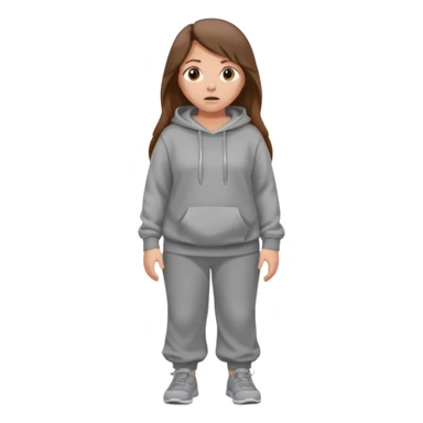 Chica grande  asustada de cuerpo completo mirado a la izquierda con pelo castaño largo y piel blanca  pantalones baggy  grises y hoodie gris  sticker