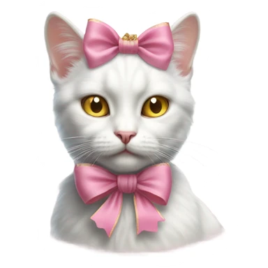 Realistic white cat with yellow eyes wearing pink vintage rococo bow sticker