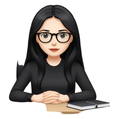 pale woman with long black hair, wearing glasses and black shirt in an office sticker