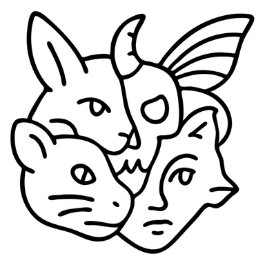 a red fragmented collage with clear dividing lines between pieces: stoat face section, minotaur skull section with broken horn, frog eye/mouth section, elf ear/features section, cat whisker section, and moth wings extending from the back of the head, arranged in an irregular shape with deliberate line splits, worn and scratched appearance sticker