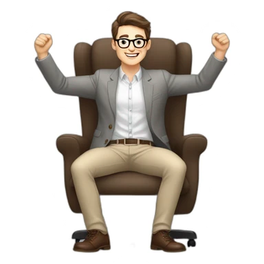 Joyful Celebrating victory Hands up Pale skinned Fit Man With dark brown hair in gray jacket, beige office shirt, Brown pants and vintage glasses sitting In a soft chair sticker