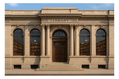 a library, exterior view, classic architecture, books visible through windows sticker