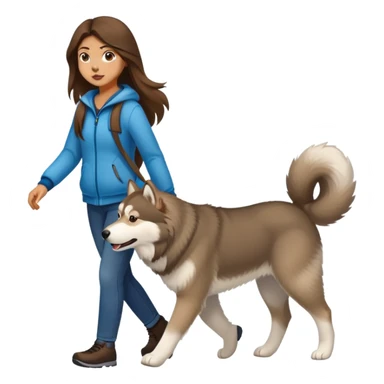 A girl with long brown hair walks an Alaskan sticker