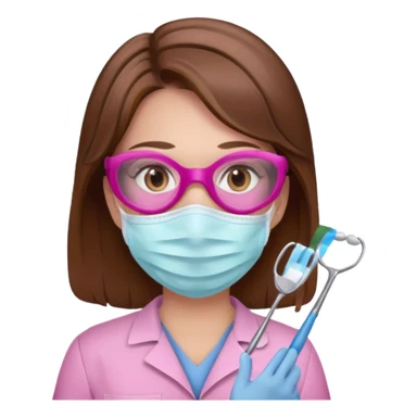 Dentista mujer con mascarilla rosada, cabellos marron, piel blanca, camisa rosada, ojos marrones sticker