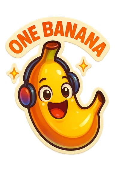 Funny cartoon banana, big happy smiling face, wearing tiny headphones, wide excited eyes, tiny sparkles around, text above: "NE BANANA", chibi style, Twitch emoji style, colorful, transparent background sticker