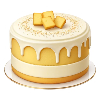 Cinematic Realistic Simple Vanilla Cake, a perfectly baked golden sponge with soft, airy layers, delicate vanilla frosting smoothly spread across the top, tiny flecks of vanilla bean visible, warm golden lighting creating depth, glowing with a sweet, irresistible charm. sticker