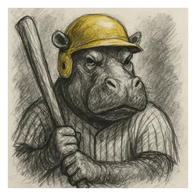hippo holding a baseball bat, wearing a yellow helmet, pinstripes outfit sticker