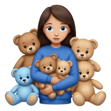a girl with long dark 
brown hair, with blue eyes, in a
white sweater, hugs 3 different natural coloured sticker