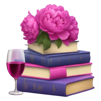 A violet  stack of books with deep pink peonies and a glass of pink wine sticker