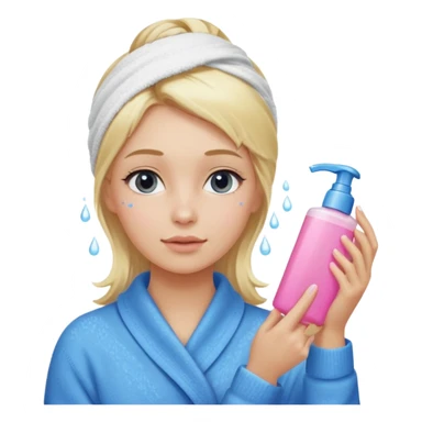 A girl grabbing a pink serum with a towel in blonde hair with a white shower towel in her hair with skincare on her face dressed in a blue sweater sticker