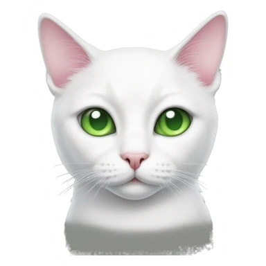 white cat with gray stain on eye, with green eyes, pink nose sticker