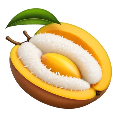 Cinematic Realistic Mango Sticky Rice Dessert Emoji, showcasing sweet sticky rice paired with ripe mango slices and coconut milk rendered with lifelike detail and warm, inviting lighting. sticker