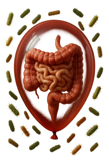intestino umano anatomico chiuso in un palloncino rosso con batteri intestinali che fluttuano intorno, iperrealistico 4k sticker