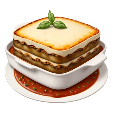 Cinematic Realistic Moussaka Dish Emoji, depicted with layers of eggplant, minced meat, and b√©chamel sauce rendered with rich textures and warm, inviting lighting that captures its Mediterranean flavor. sticker