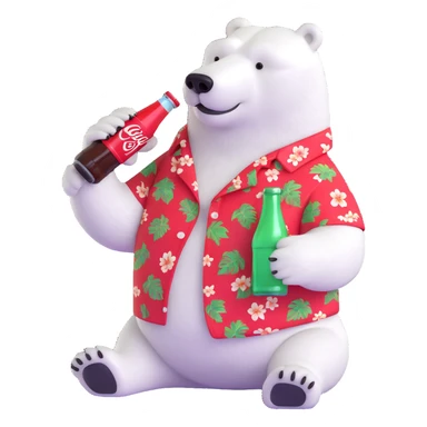 polar bear in a Hawaiian shirt decorated with Coke bottles, holding and drinking a Coca-Cola sticker