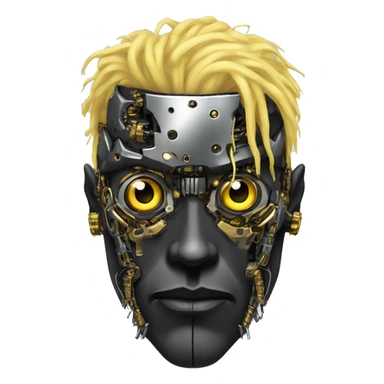 black metal male cyborg head with  one artificial eyeball, circuitry, goatee and dreaded yellow gold hair sticker