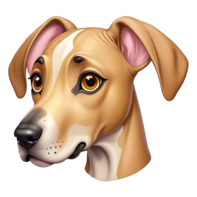 Cinematic Cute Fawn Great Dane Portrait Emoji, Head tilted playfully and inquisitively, showcasing a glossy fawn coat with a subtle luster, round, sparkling amber eyes filled with curiosity, Simplified yet irresistibly adorable features, highly detailed, glowing with a warm, friendly glow, high shine, affectionate and gentle, stylized with a touch of whimsy, bright and endearing, soft glowing outline, capturing the essence of a mischievous yet loving pup, so playful it feels like it could lumber out of the screen and into your arms! sticker