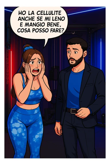 TRASFORMA QUESTO CAROSELLO IN UN FUMETTO STILE WEBTOON/MANGA A COLORI CON QUESTE DUE PERSONE IDENTICHE CHE INTERLOQUISCONO TRA LORO, LA DONNA è DISPERATA CON LE MANI SULLE GUANCE E STA DOMANDANDO TUTTA AGITATA UNA COSA ALL'UOMO:

LEI (DONNA): Ho la cellulite anche se mi alleno e mangio bene, cosa posso fare? sticker