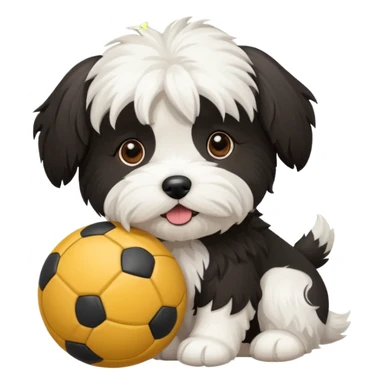 mostly white & black Havenese dog standing with ball sticker