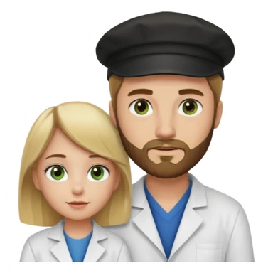 a blonde bearded guy wearing black cap, tall, fair skinned, brown eyes,  looking into the girls eyes who is short than him having green eyes and brown hair, who is in love with the guy, girl is wearing a lab coat, guy is wearing a brown jacket and blue jeans sticker