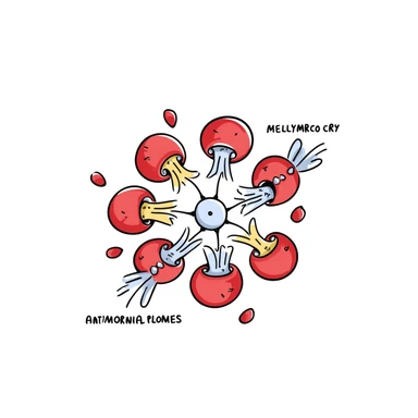Anatomical diagram of antimicrobial mechanism: red bacteria with labeled parts (cell wall, membrane, DNA) surrounded by yellow antibiotic molecules and blue antimicrobial peptides breaking through cell structures. Hand-drawn scientific illustration with detailed cross-section view. sticker