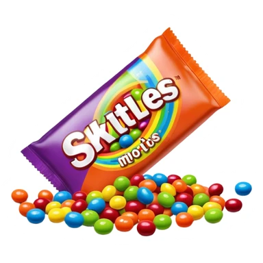 A vibrant rainbow-colored Skittles package with only bright green candies spilling out. The package is very colorful with red, orange, yellow, purple and blue, while all the candies are exclusively green. sticker