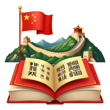 An icon featuring the Great Wall of China and the flag of China, symbolizing the Chinese language. The design includes an open book with Chinese characters and a red lantern, representing language learning and rich cultural tradition. Transparent background highlights the depth of Chinese heritage. sticker