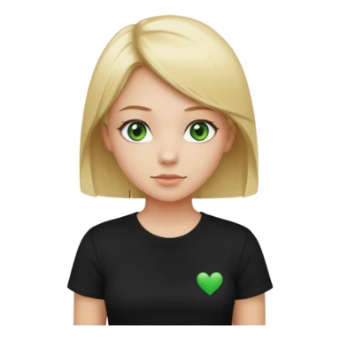 Girl with green eyes, blonde with an even hole with straight hair up to the waist in a black t-shirt sticker