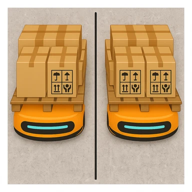 Two Automated Guided Vehicles (AGVs) side by side viewed from above, each fully loaded with pallets carrying many boxes, in the style of Apple emojis. Below the AGVs is a realistic concrete floor with a clear, continuous line running between the vehicles. The rest of the background remains transparent. sticker