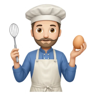 Middle aged male pastry chef - with a small beard, apron, white hat, holding an egg beater in his right hand, and his left hand naturally hanging down to his side sticker