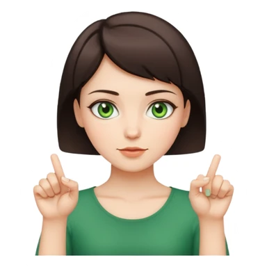 Short haired brunette girl, with green eyes holding middle fingers sticker