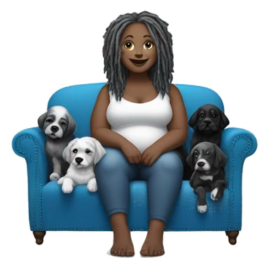 Fair skinned plus sized lady with gray dreadlocks sitting on blue sectional sofa with 9 2 toned black and white puppies  sticker