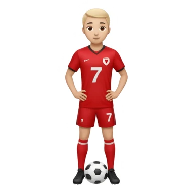 Apple iOS emoji style 20-23 year old soccer player standing hands on waist, red jersey #7, glossy 3D, clean background sticker