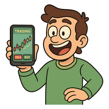 phone displaying a colorful trading app, flat modern style, bright saturated colors with greens, golds, reds, minimal but expressive, universal look sticker