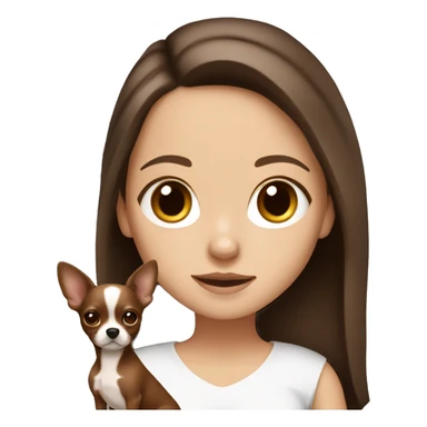 White girl with dark brown hair and middle part holding tan and chocolate brown chihuahua sticker