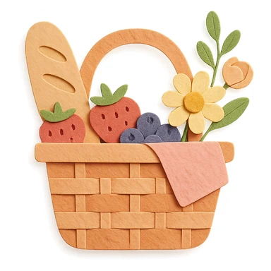 a picnic basket with berries, bread, and flowers, warm pastel shades, paper craft style sticker
