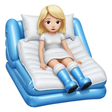 chica rubia con cara de miedo con unas botas de presoterapia gigantes inflables tirada en una cama sticker