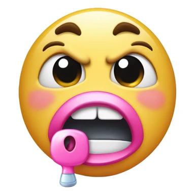 Crying emoji with pink pacifier in mouth, cheeks puffed out and looking angry while blushing. sticker