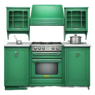 Isolated full length Realistic emerald green vintage retro kitchen range with cabinets and counters. sticker