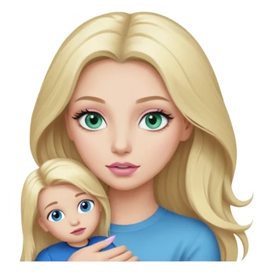 Blonde baddie with long hair Pretty makeup long lashes blue-green eyes ,   light pink lips ,holding 1 little Boy, with blue eyes sticker