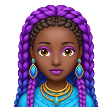 Create me an emoji of a beautiful Ethiopian Queen of Sheba with amazing braids wearing a neon purple and blue gradient African patterns. sticker