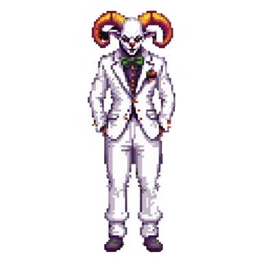 full-body demonic clown in a white leisure suit with bellbottom pants, bald, with black ram horns sticker