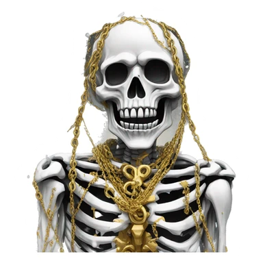 White skeleton zombie person covered in golden chains and black graffiti scribbles and red and silver doodles snowing snowflakes sticker