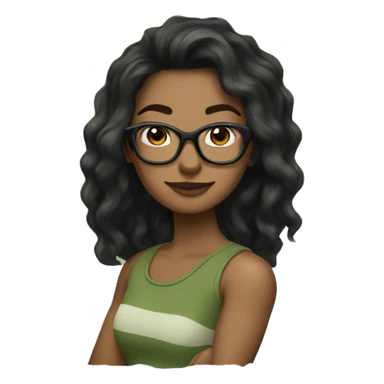 white skined woman with wavy long black hair with a olive green tank top with glasses tortoise  sticker