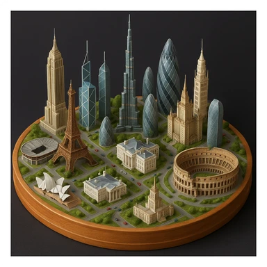 Оставь основу картинки - деревянную подставку, но при этом сгенерируй изометричную, яркая, детализированную и фотореалистичную модель где будет самые узнаваемые здания мира - Эмпайр Стейт Билдинг, Эйфелева башня, Колизей, Сиднейская опера, стадион Сан-Сиро, Белый Дом Пизанская башня, здание МГУ, Бурдж-Халифа, Башни Петронас, Небоскрёб Фостера в Лондоне, Рейхстаг, Тайбэй. Здания не должны повторять и должны быть на картинке в единственном экземпляре sticker