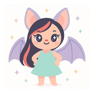 stylish female bat with long black and red hair, confident expression, modern character art sticker